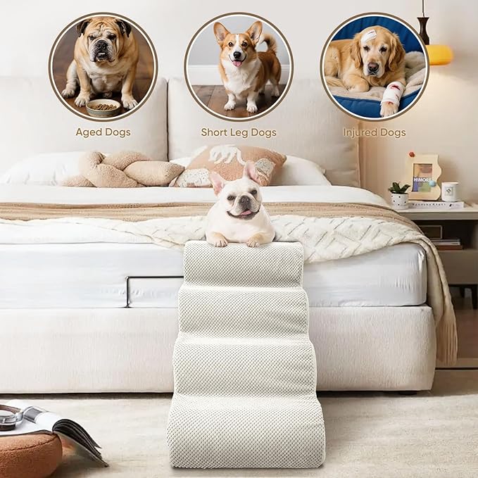 PAWSCART Pet Stairs for Dogs 5-Step, 22.8" H Pet Stairs for High Bed, Couch Sofa & Chair, 30D Material Soft Foam Dog Steps with Non-Slip Bottom Surface Removable Washable Cover, Beige
