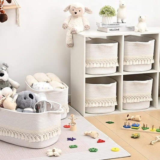 6 Pack Storage Basket for Shelves, Boho Cotton Rope Storage Bins with Heavy Tassel, Shelf Baskets Large Woven Baskets for Organizing, Cube Organizer Bins, Baby Laundry Basket for Clothes, Toys, Pets