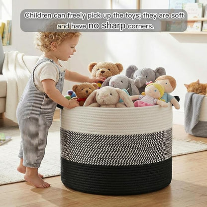 100L Large Cotton Rope Basket, Decorative Woven Blanket Storage for Living Room, Boho Toy Storage & Toy Box for Kids, Versatile Laundry Basket & Nursery Hamper for Blankets(Black)