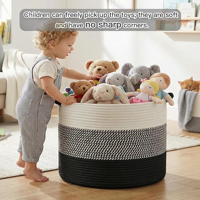 40L Large Cotton Rope Basket, Decorative Woven Blanket Storage for Living Room, Boho Toy Storage & Toy Box for Kids, Versatile Laundry Basket & Nursery Hamper for Blankets(Black)