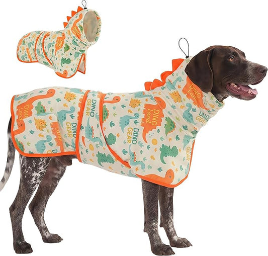LovinPet 3‑in‑1 Dog Warm Winter Coat & Bathrobe, Hooded Dinosaur Fleece, Lightweight High‑Loft, Absorbent Knit, Quiet Hook‑and‑Loop, Wind‑Blocking Edges, Dog Robes for Medium & Large Dogs, Orange,L