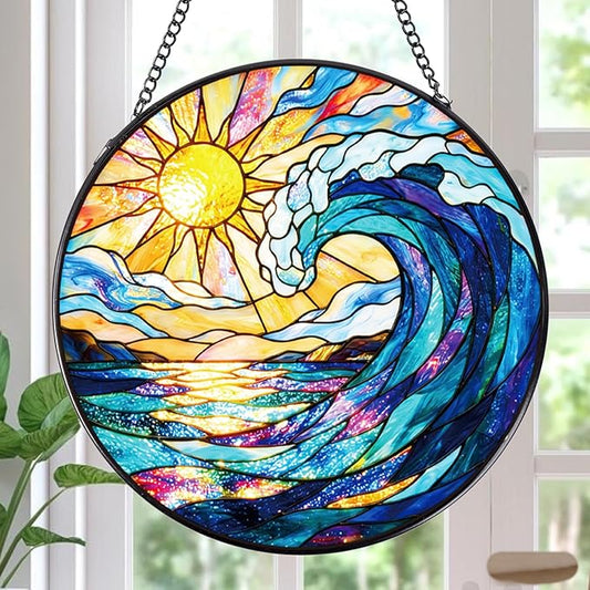 Stained Glass Window Hanging, 7.8″ Sea Sun Catchers with Hook Indoor Window Decor, Decorative Suncatchers Hanging Ornaments Home Garden Art Gift for Housewarming