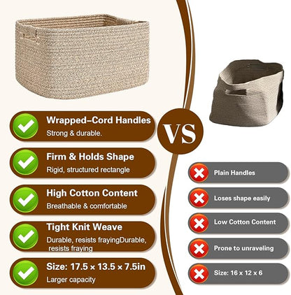 2 Pack Large Storage Basket for Organizing, 17.5"x13"x7" Woven Basket for Shelves, Closet Cube Storage Bins with Wrapped Handle, Cotton Rope Baskets for Kitchen, Clothes, Toys (Natural))