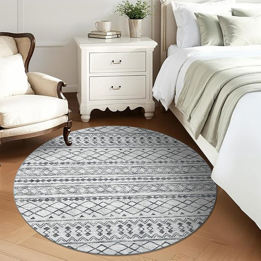 KUTA Boho Round Washable Rugs 5Ft Grey Moroccan Circle Area Rug Non-Slip Soft Distressed Geometric Carpet for Living Room Bedroom Low-Pile Entry Throw for Nursery Dorm Decor