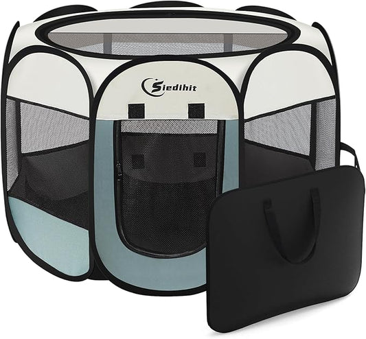 Large Dog Cat Playpen, Puppy Pet Playpen Indoor for Dog Crate Tent Cage Outdoor, Portable Pop Up Dogs Enclosure Kennel with Carrying Case for Dogs/Cats/Rabbits, Grey
