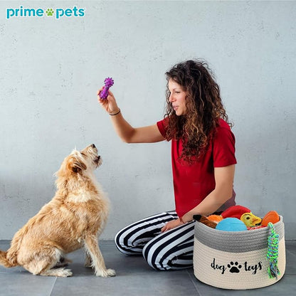 PrimePets Cotton Rope Dog Toy Basket, Small Basket with Handles, Woven Storage Bin for Dogs Pets, 15x10x9 inch Pet Basket Container Holder for Toys, White and Grey