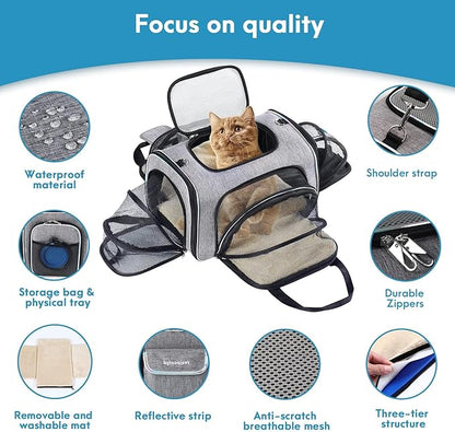 Airline Approved Cat Carrier Under Seat, 4-Way Expandable & Collapsible Soft-Sided Pet Carrier with Removable Fleece Pad - TSA Compliant for Cats, 18x11x11.5in Car & Plane Travel, Vet Visits