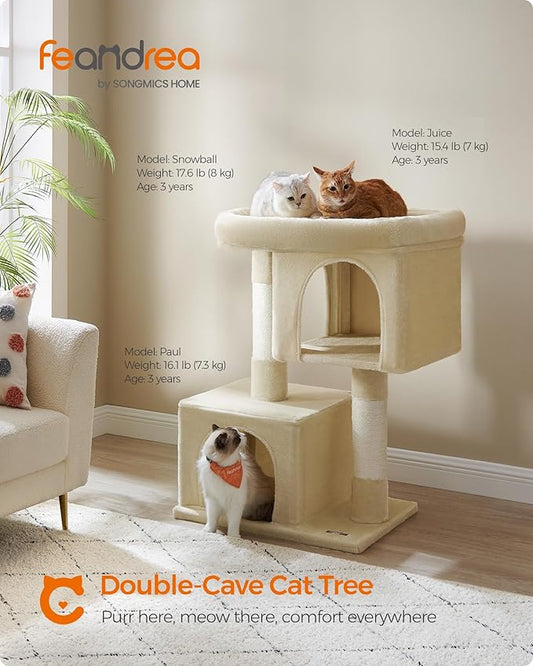 Feandrea Cat Tree, 40.6-Inch Cat Tower, Plush Condo for Extra Large Cats up to 44 lb, Large Perch, 2 Caves, Scratching Post, Beige UPCT614M01