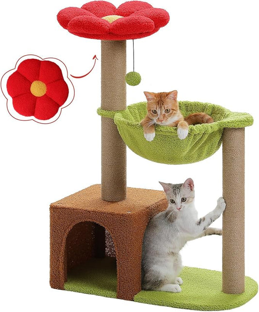 MUTTROS Flower Cat Tree with Sisal Scratching Posts, 35" Cute Cat Tower with Large Green Hammock for Small Indoor Cats, Cat Condo with Removable Flower Bed for Kittens, Brown