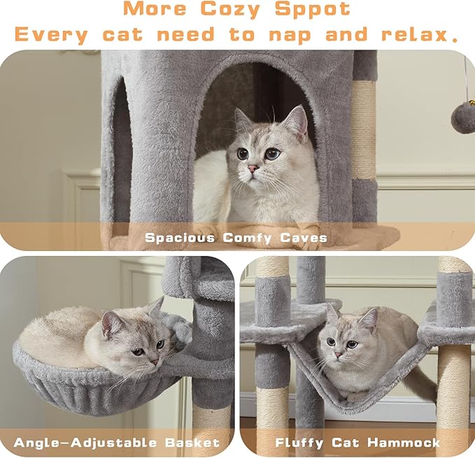 Letkind 70-Inch Cat Tree,Large Cat Tree Tower with Hammock, Scratching Post, Condo and Multi-Level Cat Tower for Large Cats, Cat Activity Center Playhouse, Light Gray LCT016