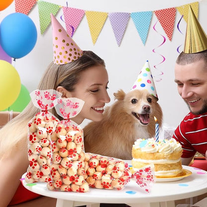 Blulu 100 Pieces Dog Treat Bags Puppy Party Favor Pet Paw Cone Cellophane Bags Candy Heat SealableDog Paw Gift with 100 Pieces Silver Twist Ties for Pet Cat Treat Party Favor(Red)