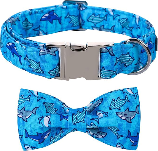 Maca Bates Summer Shark Dog Collar with Bow Tie Cute Blue Puppy Beach Bowtie Collars Sharks Adjustable Durable Soft for Dogs for Girl Boy Male Female Pets with Metal Buckle,Medium