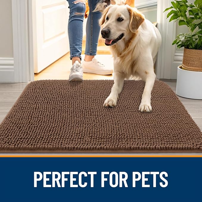 OLANLY Dog Door Mat for Muddy Paws 40x32, Absorbs Moisture and Dirt, Absorbent Non-Slip Washable Doormat, Quick Dry Chenille Mud Mat for Dogs, Entry Indoor Entryway Carpet for Inside Floor, Mocha