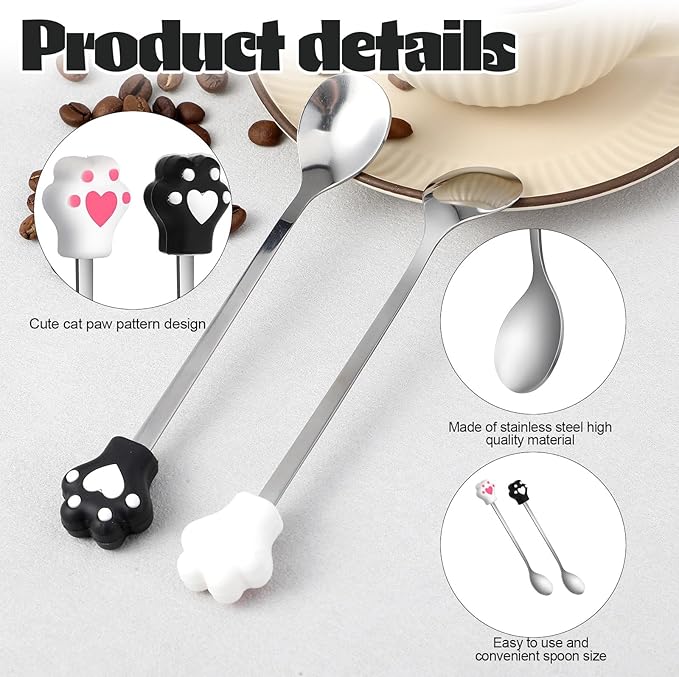 4pcs Cat Spoons for Wet Food,5.9 In Long Handle Pet Food Scoop,Stainless Steel Cat Foods Spoons,Cute Silicone Cats Claw Mixing Spoon for Pet Can,Black & White