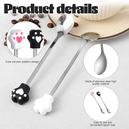 4pcs Cat Spoons for Wet Food,5.9 In Long Handle Pet Food Scoop,Stainless Steel Cat Foods Spoons,Cute Silicone Cats Claw Mixing Spoon for Pet Can,Black & White