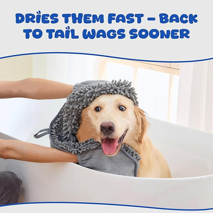 Microfiber Dog Bath Towel – Super Absorbent Dog Towels for Drying Dogs Large & Small, Quick Dry Pet Towel with Hand Pockets, Soft & Durable Puppy Towel, Machine Washable – Grey