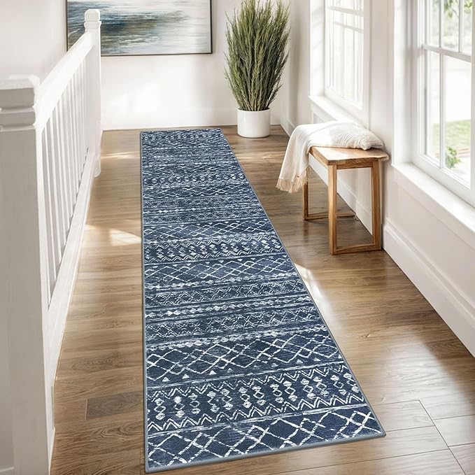 KUTA Boho Runners for Hallways 2x8 Navy Blue Moroccan Washable Runner Rug Non-Slip Vintage Kitchen Rugs Ultra Soft Distressed Geometric Floor Carpet for Bedroom Laundry Living Room