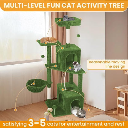 Cat Tree, 54-Inch Cat Tower for Indoor Cats, Soft Plush Multi-Level Climbing Cat Condo with Scratching Posts, Basket, Perches,2 Caves,2 Pompoms Play House for Cat(Green)
