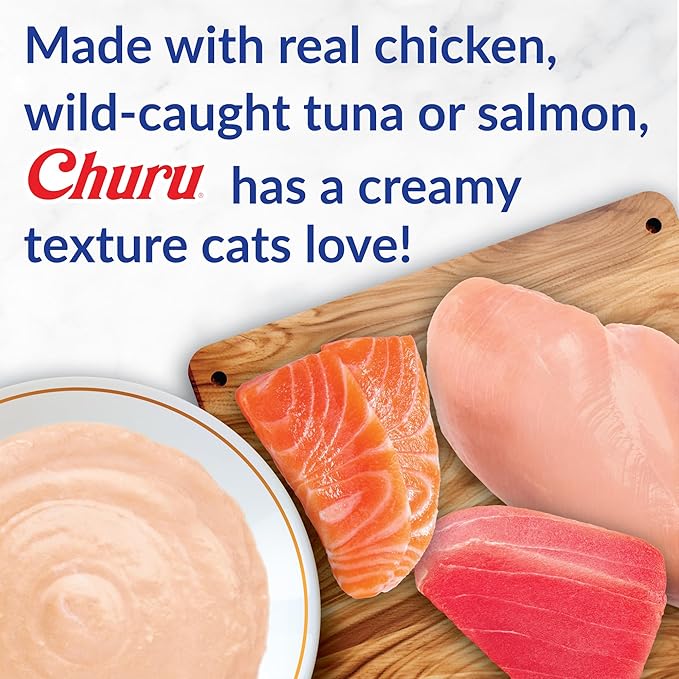 INABA Churu Cat Treats, Lickable, Squeezable Creamy Purée Cat Treat with Green Tea Extract & Taurine, 0.5oz. Each Tube, 40 Tubes, Chicken & Tuna Variety