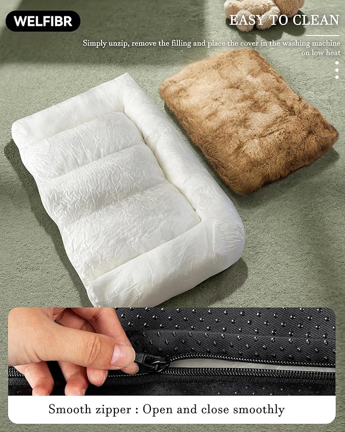 42” Dog Bed with Shredded Foam Filling, Calming Pet Sofa with Removable Washable Cover, Soft Faux Fur Bolster Couch for Dogs, Anti-Slip Bottom