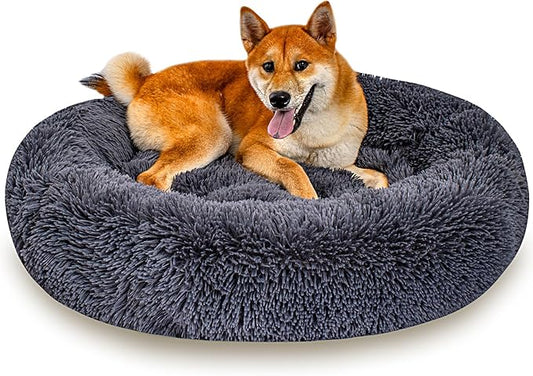 Calming Dog Bed for Medium Dogs Cats, Puppy 31'' Round Anti-Anxiety Warm Fluffy Plush Faux Fur Bed, Soft Anti-Slip Donut Washable, Cozy Medium Puppy Bed, Fits up to 50 lbs Pets