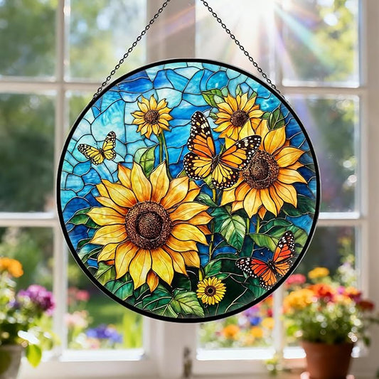 Sunflower Stained Glass Window Hanging, 7.9" Sunflower Sun Catcher Glass Panel with Chain, Sunflowers Hand Painted Round Wall Art Gifts for Women, Sunflowers Decor Christmas Housewarming Gift