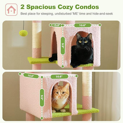 PEQULTI 62" Cat Tree for Indoor Cats, Multi-Level Cat Tower with Cozy Cat Condo Clearance Prime, Pink