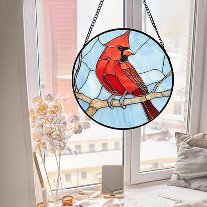 Stained Glass Window Hanging Cardinal Birds Large 15" - Suncatcher Door Garden Sun Catcher Home Decor Christmas Birthday for Bird Lovers Woman Her Nana Wife Men Mom
