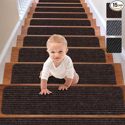 RIOLAND Stair Treads Carpet Non-Slip Indoor Stair Runners for Wooden Steps, Stair Rugs for Kids and Dogs, Set of 15, 8" X 30", Brown