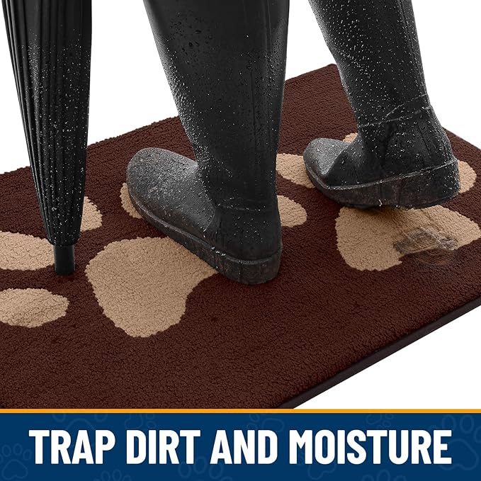 Smiry Dog Door Mat for Muddy Paws, Absorbs Moisture and Dirt, Low-Profile Entryway Mat with Non-Slip Backing, Entry Indoor Outdoor Doormat for Inside Floor (59x35 Inches, Brown, Paw)