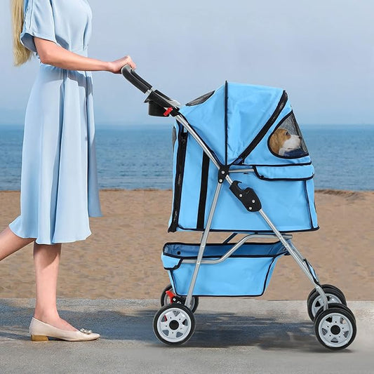 4 Wheels Pet Stroller Waterproof,Travel Stroller for Small Medium Dogs & Cats,Easy Fold with Removable Liner,Storage Basket,Blue