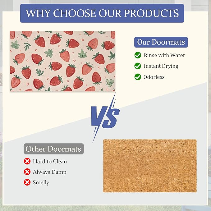 Watercolor Strawberry Front Door Mat,Anti-Slip Pink Sweet Fruits Entrance Indoor Rug Mat,Low Profile Door Mat Entrance,Doormats for Home Kitchen Bedroom Porch, Hallways 30 x 17 Inch