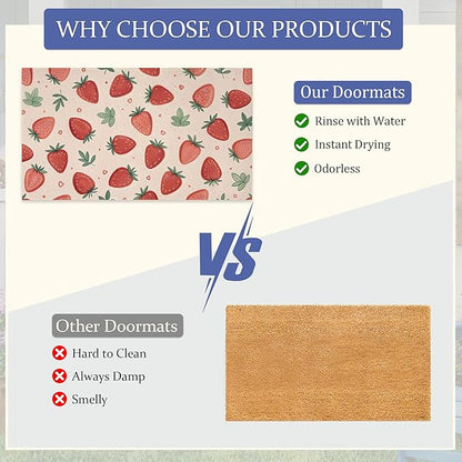 Watercolor Strawberry Front Door Mat,Anti-Slip Pink Sweet Fruits Entrance Indoor Rug Mat,Low Profile Door Mat Entrance,Doormats for Home Kitchen Bedroom Porch, Hallways 30 x 17 Inch