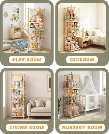 Stuffed Animal Storage Holder, Kids Plushies Toy Storage Organizer with Cute Sticker, 54In Wood Stuffed Animal Zoo Storage, Toy Shelf for Boys Girls, Ideal for Nursery, Playroom, Bedroom, Toddler Room