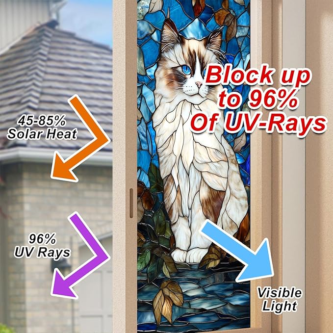 Privacy Window Film Cat Design Decorative Window Cling Stained Glass Style Static Cling Glass Sticker for Kitchen Bathroom Entry Door Panel 17.7 x 39.3 Inch
