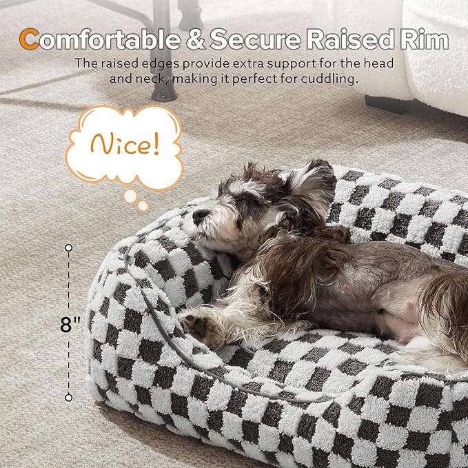 JOEJOY Dog Beds for Small Dogs -Cute Cat Beds for Indoor Cats Calming Pet Beds, Rectangle Orthopedic Cuddle Puppy Bed with Jacquard Shaggy Plush & Anti Slip Bottom, 20x19x6inches, Grey