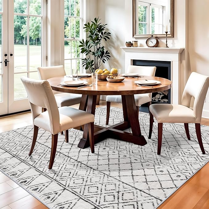 Washable 5x5 Rug Square Moroccan: Non-Slip Soft Indoor Throw Large Carpet - Low Pile Farmhouse Floor Mat for Living Room Bedroom Dining Room - Rugs for Young Families Home 5x5 Geo Grey