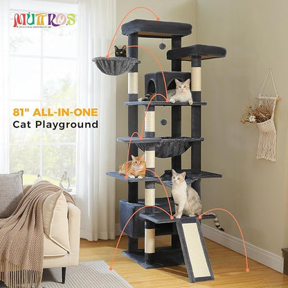 MUTTROS 81" Heavy Duty Cat Tree for Large Cats up to 20lbs - Extra Tall Cat Tower with Metal Frame Hammock, 6 Sisal Scratching Posts, 2 Perches - Indoor Cat Furniture for Maine Coon, Dark Gray