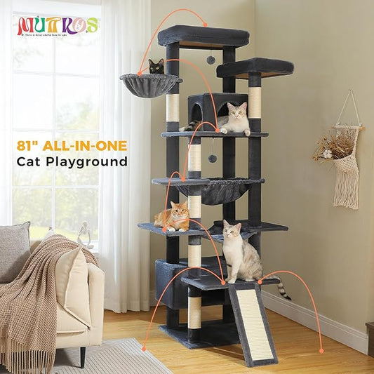 MUTTROS 81" Heavy Duty Cat Tree for Large Cats up to 20lbs - Extra Tall Cat Tower with Metal Frame Hammock, 6 Sisal Scratching Posts, 2 Perches - Indoor Cat Furniture for Maine Coon, Dark Gray