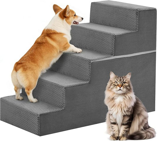 DUMOS Dog Stairs for Small and Medium Dogs, 5-Step Pet Steps with High-Density Foam, Indoor Non-Slip Pet Ramp for Puppy and Older Dogs Cats, Dog Bed Stairs for Couch and Sofa, Grey