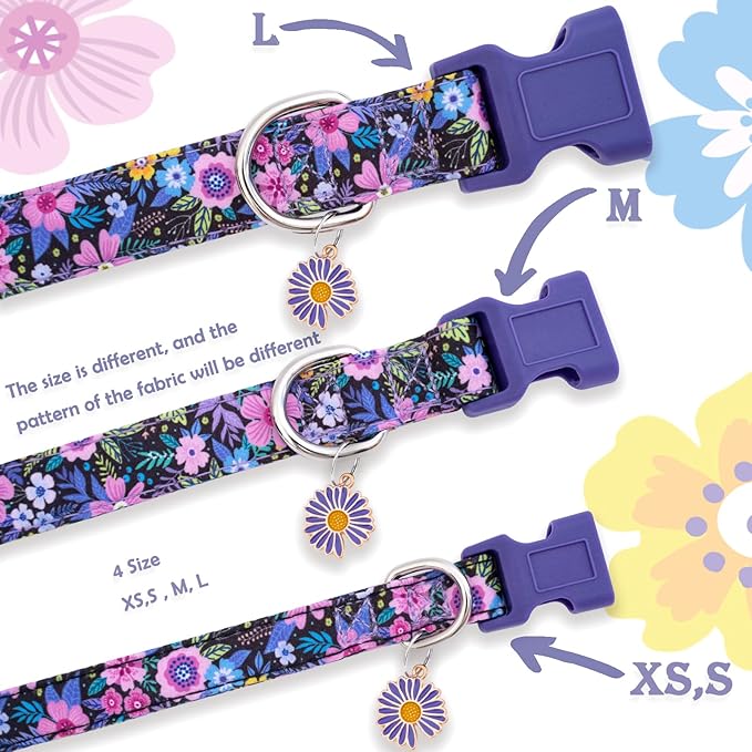 Faygarsle Cotton Dog Collar Cute Dog Collars for Small Medium Large Dogs Purple Floral Colored Options Soft and Fancy Pet Collars for Girls Flower Pattern for Girl Dog Collar L