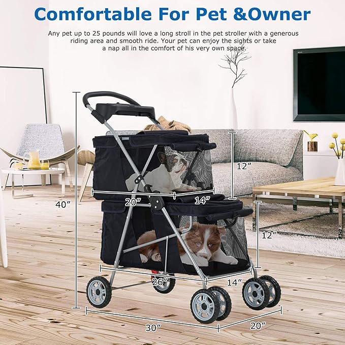 Double Layer Dog Strollers for 2 Small Dogs, 4 Wheels Pet Stroller for Cats/Dogs, Folding Double Decker Jogger Stroller with Removable Liner/Storage Basket/Rear Wheel Break