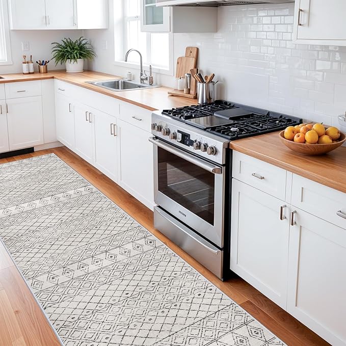 Washable Runner Rugs 3x16 - Long Hallway Runner Rug Low Pile Rug with Rubber Backing Floor Mat Non Slip Moroccan Indoor Carpet for Kitchen Bedroom Entryway 3x16 Geo Grey
