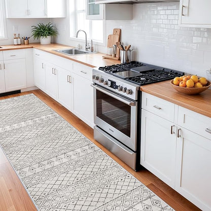 Washable Runner Rugs 3x16 - Long Hallway Runner Rug Low Pile Rug with Rubber Backing Floor Mat Non Slip Moroccan Indoor Carpet for Kitchen Bedroom Entryway 3x16 Geo Grey