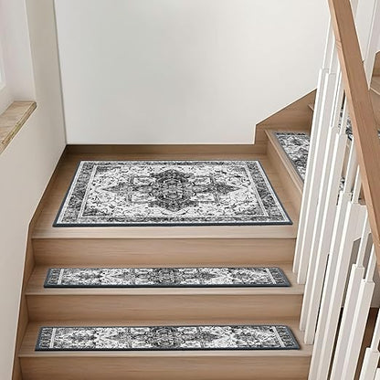 Non-Slip Carpet Stair Treads 15PCS, 8"x30" Peel and Stick Stair Runner for Wooden Steps Indoor, Washable Reusable Adhesive Backing, Pet-Friendly Safety Mats for Kids, Elders, Dogs