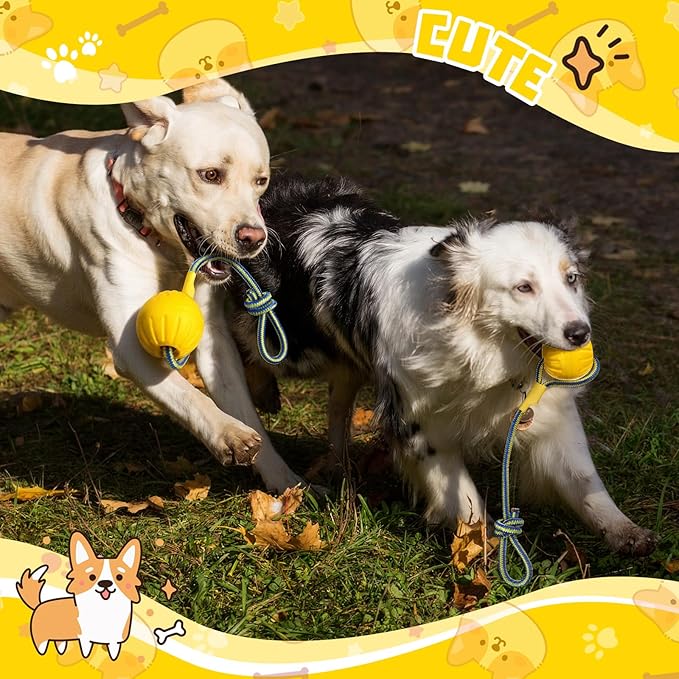 Hsei 2 Pcs Medium Dog Ball on a Rope Rubber Dog Toy with Handle Ball Yellow Floats in Water for Tug Training Rewards Interactive Pet Fetch Catch Throw Outdoor Puppy Teething Medium Pet