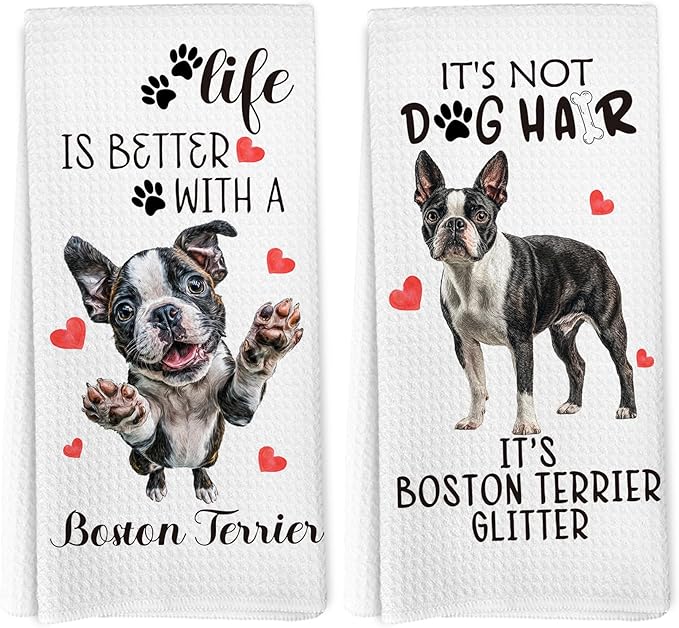 Boston Terrier Gifts Kitchen Towels Set of 2, Funny Dog Hand Towels for Bathroom Kitchen Decor, Boston Terrier Gifts for Women Dog Owners, Gift forDog Lovers Dishcloths Dish Towel 16X24 Inches