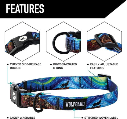 Wolfgang Heavy Duty, Adjustable Dog Collar with Quick Release Nylon Buckle for Walking & Training, StarryWolf Print, Large