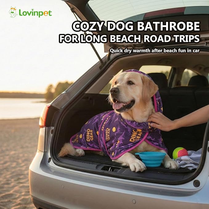 LovinPet 3‑in‑1 Dog Warm Winter Coat & Bathrobe, Hooded Dinosaur Fleece, Lightweight High‑Loft, Absorbent Knit, Quiet Hook‑and‑Loop, Wind‑Blocking Edges,Dog Robes for Medium & Large Dogs, Purple,2XL