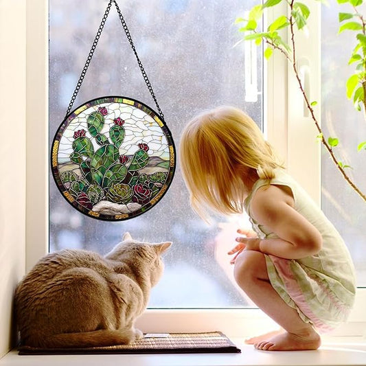 Stained Glass Window Hanging,Green Cactus Purple Flowers Suncatcher Diamond Glass Panel Sun Catchers Decor for Birthday for Women, Men, Wife, Aunt, and Mom 7.8 in
